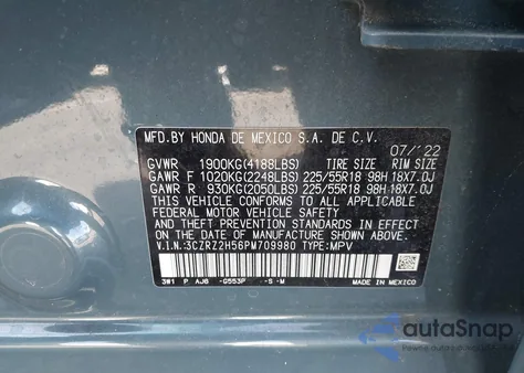 2023 Honda Hr-V Awd Sport из США, поврежденный, VIN 3CZRZ2H56PM709980